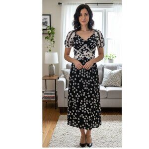 Self Portrait Daisy Print Puff Sleeve Women's Midi Dress, Black/White Size US 2